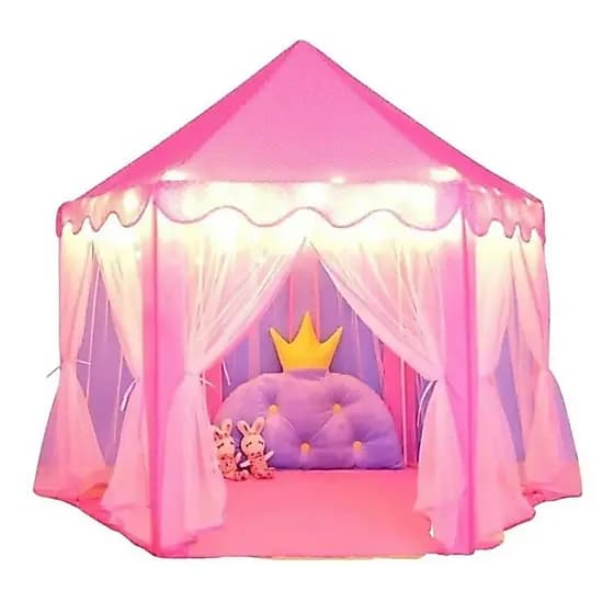 Tenda Castelo Infantil Barraca Acampamento Meninas Rosa Cordão De Luz Led Formato Estrela
