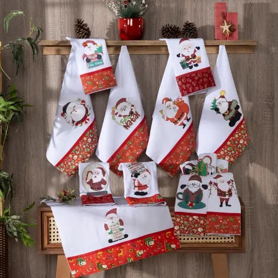 Kit 4 Panos De Prato / Copa Natal Bordado - 100% Algodão Sacaria Pé de Galinha