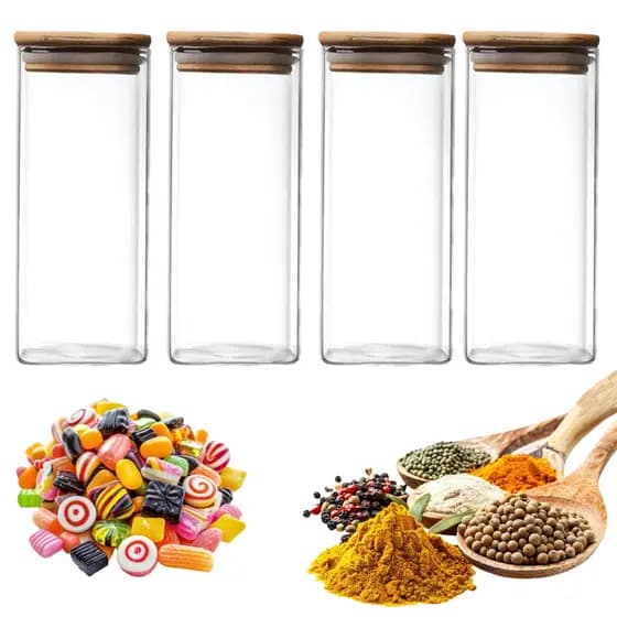 Kit 4 Potes Herméticos Organizadores de Vidro Com Tampa de Bambu Condimentos Massas Macarrão 1650ml