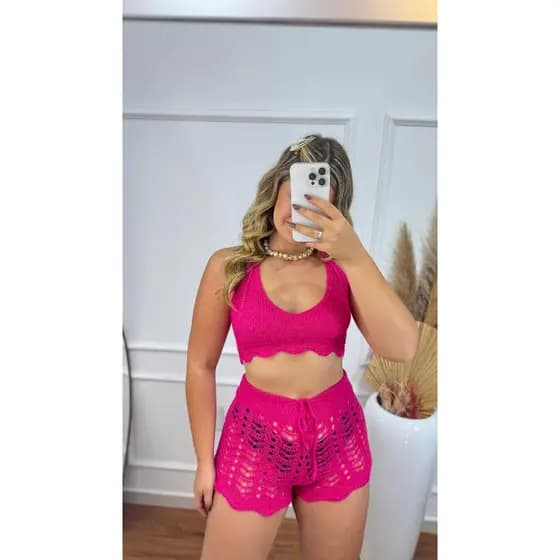 Conjunto Saída De Praia Tricô Feminino Verão 25 Shorts e Top Trançado nas Costas Crochê Tendência