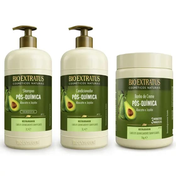 Kit Pós-Química Shampoo, Condicionador e Banho de Creme Bio Extratus - 1L Tratamento Restaurador