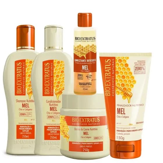 Kit Nutritivo Mel,ChiColágeno Bio Extratus 250ml Preenchedor Capilar- 5 Shampo,Condicionador,Máscara,Finalizador,Óleo