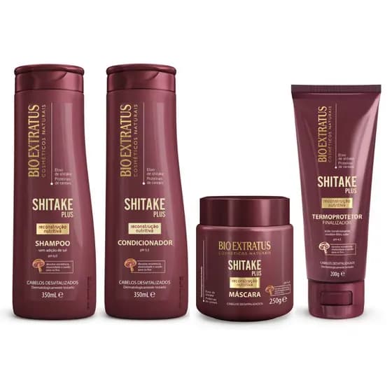 Kit SHITAKE Shampoo, Condicionador 350mL, Máscara 250 Gr e Finalizador Termoprotetor 200g Bio Extratus/Kit Reconstru