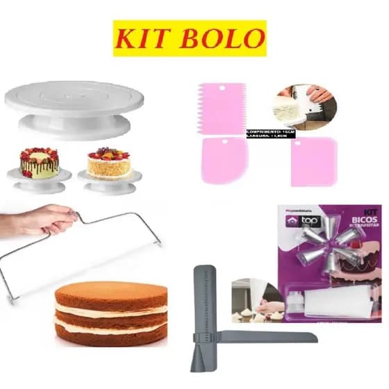 KIT Bolo Nivelador Fatiador E Conjunto Com 4 Fatiadore Base Giratória Profissional Para Confeiteiro