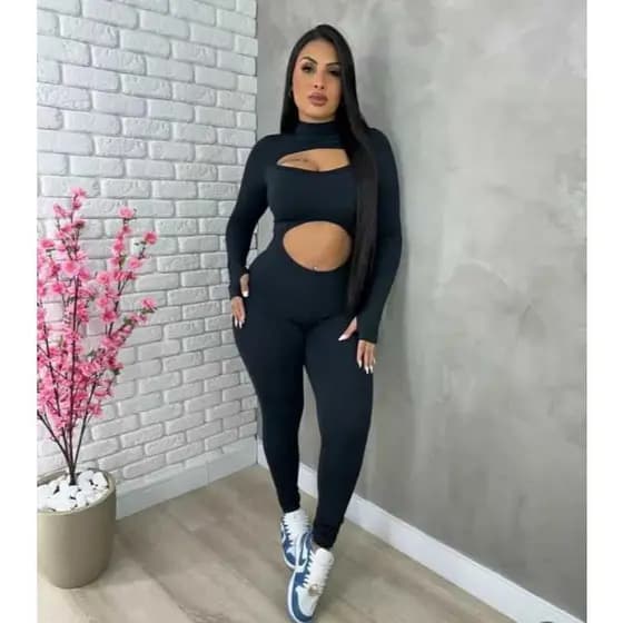 Macacão feminino longo com decote costas nua preto canelado academia slin fitness
