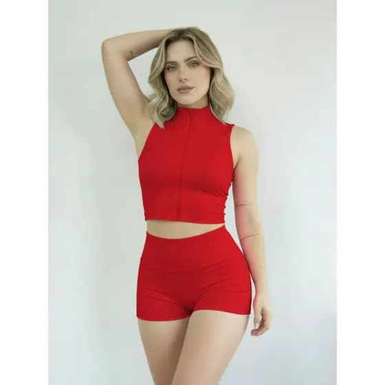 Kit Conjunto Cropped Regata De Ziper + Short Feminino Suplex Basico Academia Praia Esportes Vermelho