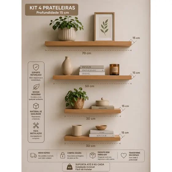 Kit 4 Prateleiras em MDF, com Suporte Nicho Decoração Sala Cozinha Banheiro Quarto 15mm