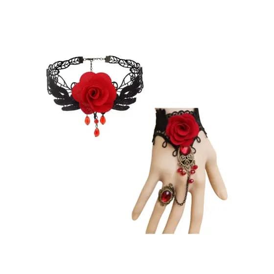 Kit Gargantilha Renda + Pulseira Anel Flor