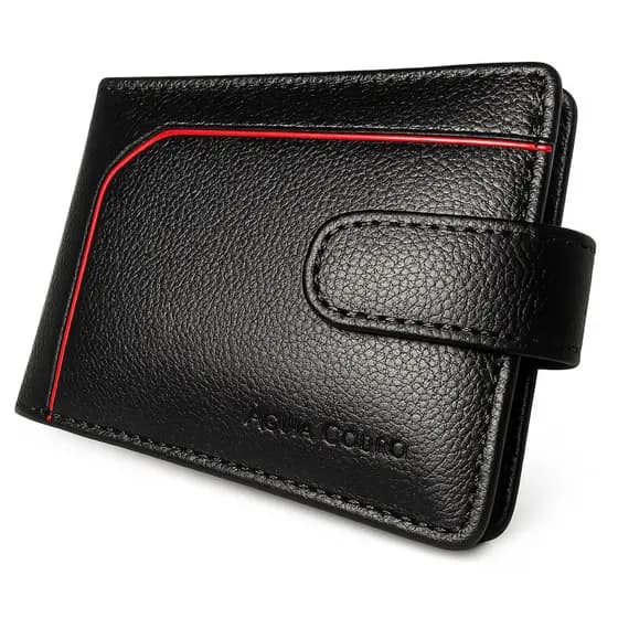 Carteira masculina couro legítimo com fecho de botão completa couro macio diversos compartimentos