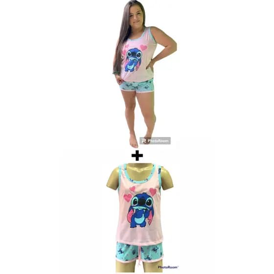 KIT Pacote 02 Pijama Baby Doll Stich Mãe e Filha Shortinho Verão Regata Feminino Adulto Infantil Juvenil Mulher de Malha Algodão Regata Verão Temático Disney Confortável Malha Times Kit Conjunto