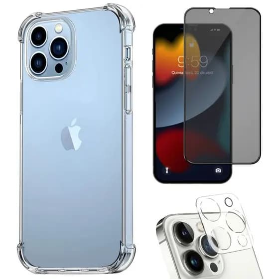 KIT IPhone Capa Transparente + Pelicula Privacidade + Pelicula Camera IPhone 11 12 13 14 15 16 Pro Max