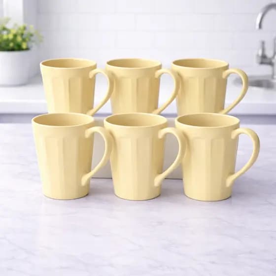 Kit 6 Canecas Porcelana 250ml Canelada Amarela Café Xícara Conjunto Mesa Posta Cozinha Casa