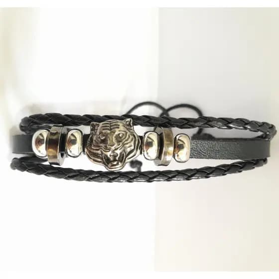 Pulseira Bracelete Onça Tigre Couro Ajustável