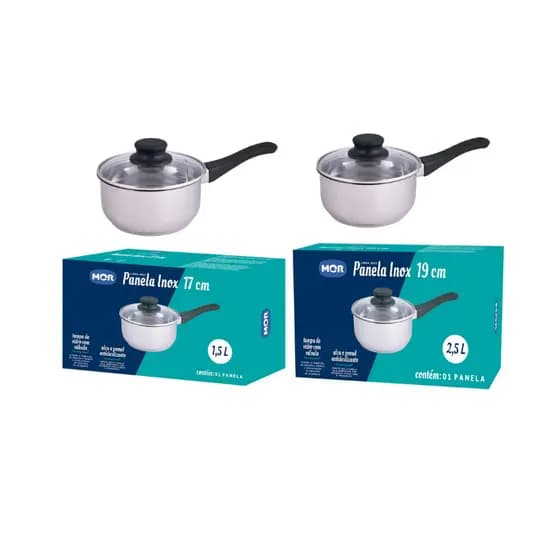 Jogo/ kit com 2 panelas em Inox - 1 panela 17 e 19 cm MOR com fundo quintuplo e fogao Induçao