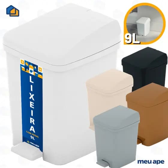 Lixeira Plástica Com Pedal Cesto Lixo Cores Retangular Redonda Cozinha Banheiro Quarto 9 Litros