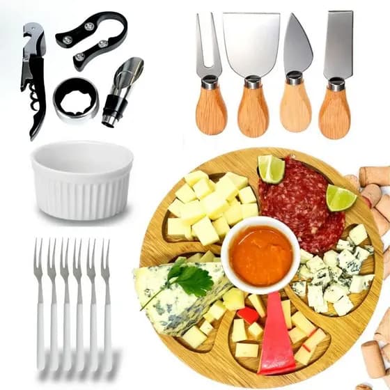 Kit Petisqueira Redonda bambu + 4 Facas Queijo + 4 Peças Vinho Com Ramekin e Garfinhos p/Petisco