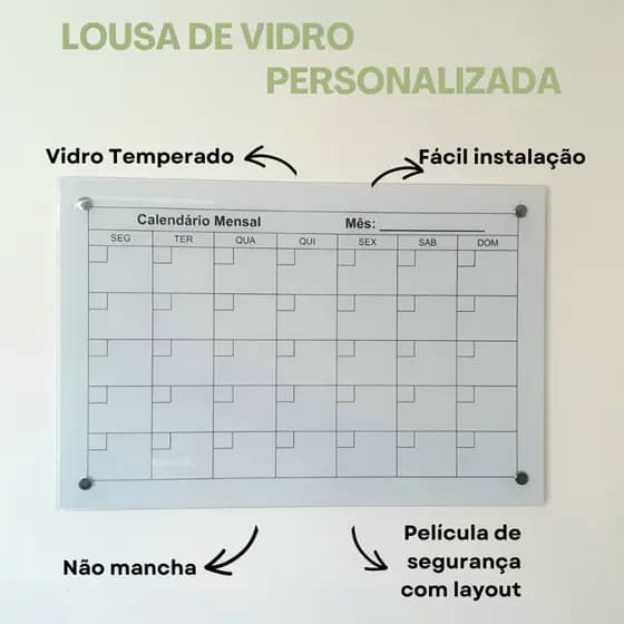 Lousa de vidro com agenda mensal 60x40cm planner calendário do mês