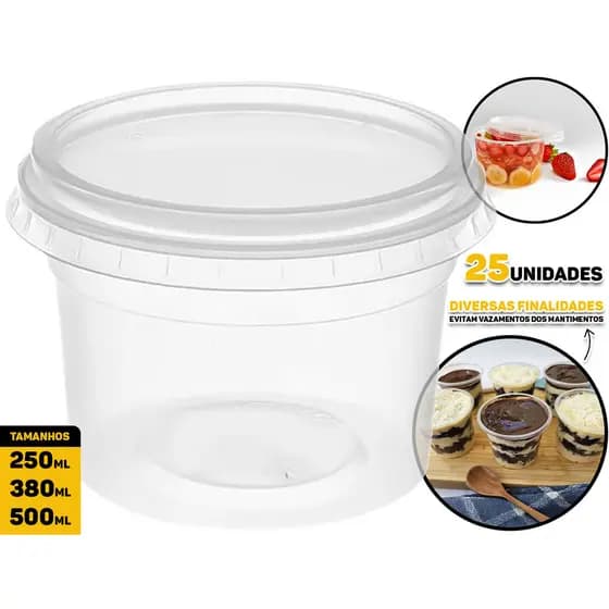 Pote Plástico Redondo 250 / 380 / 500 ml 25und Descartável Com Tampa Bolo Pote Açaí Marmita Freezer Microondas