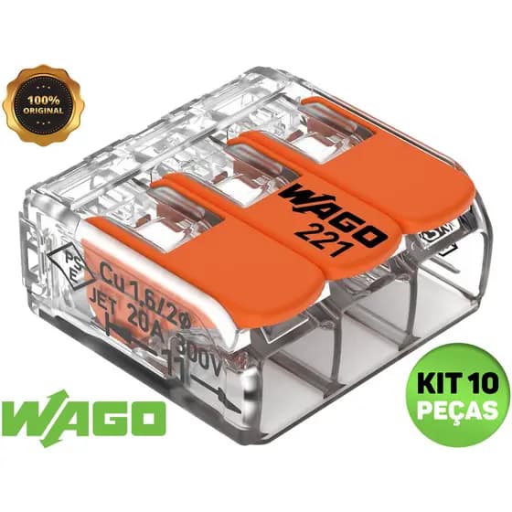 Kit 3, 5, 10 e 20 Conector Elétrico 221-613 Emenda Wago 3 Vias 41A Original 6mm² Fio Chuveiro Tomada