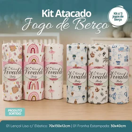 Kit Atacado 3 Jogos de Berço 100% Algodão - Contém Fronha Estampada e Lençol Liso com Elástico - Estampas Sortidas