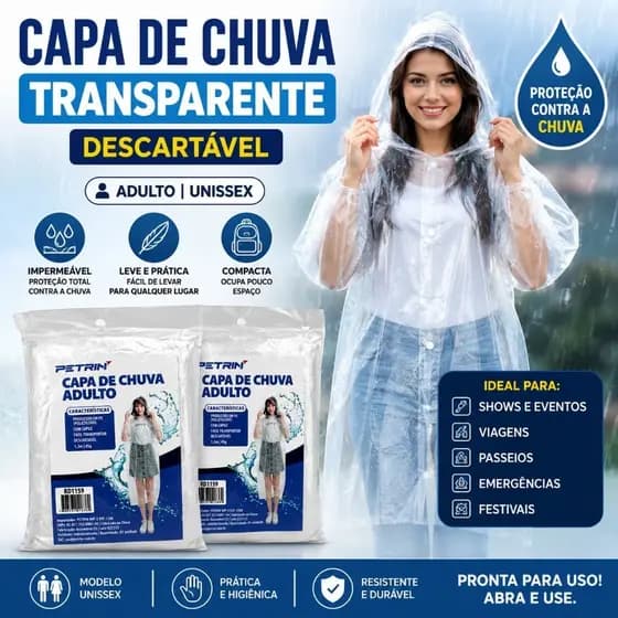 Capa De Chuva Transparente Descartável Adulto Unissex Impermeável