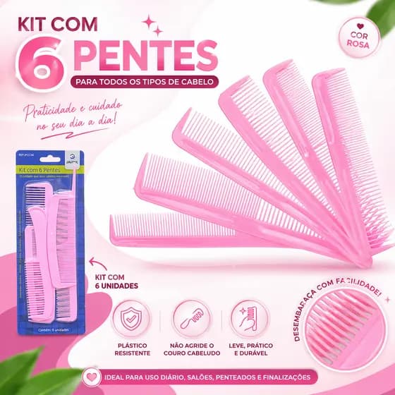 Kit com 6 Pentes Profissionais Cabelo Plástico Resistente Desembaraçador Rosa Azul Bege