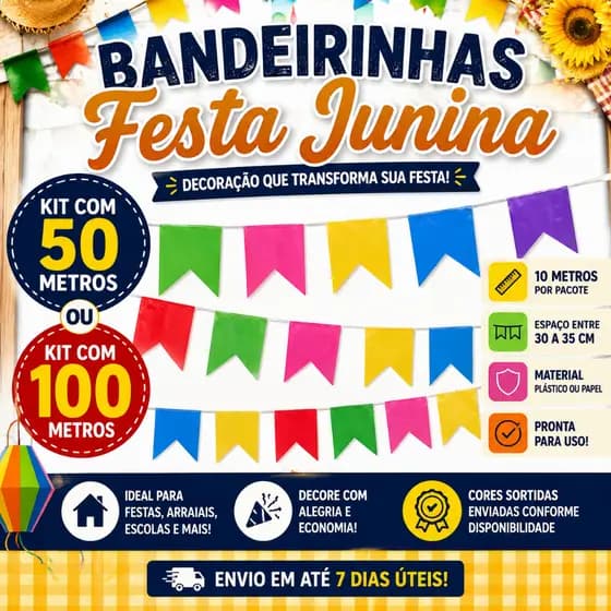 Kit Bandeirinhas Festa Junina Julina 100 Metros Coloridas Decoração Arraial São João Enfeite Festa