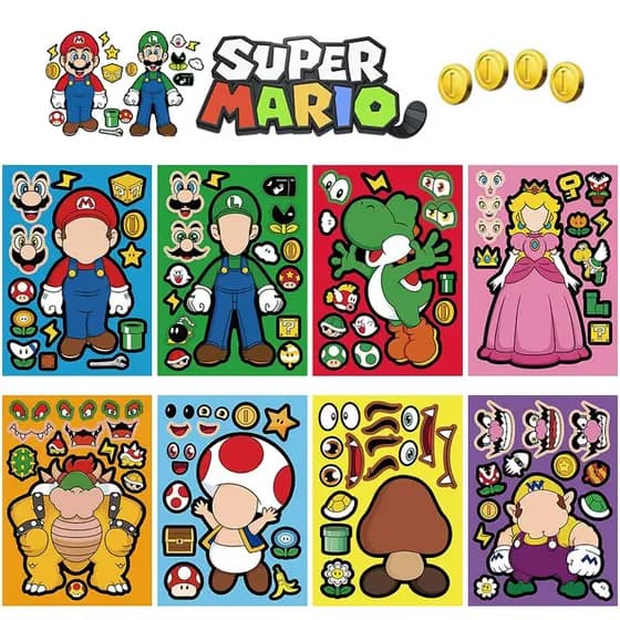 8pcs Original Cute Mario Series Anime Puzzle Infantil Interação Pais E Filhos Autocolantes Fazem Seus Próprios Para