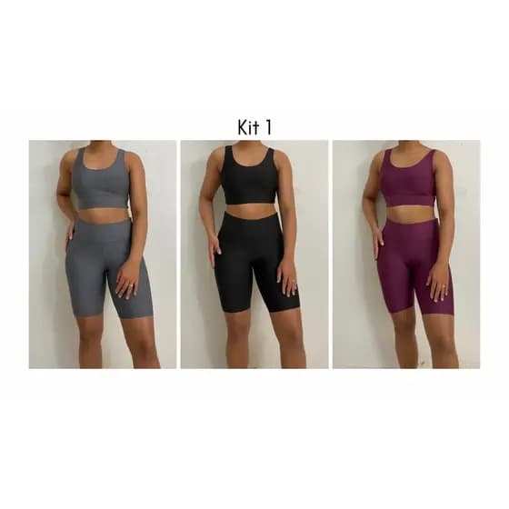 Kit 3 Conjuntos Fitness Bermuda Ciclista e Top Academia Cintura Alta Suplex Alta durabilidade