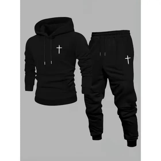 Conjunto Moletom Canguru Masculino Cruz Simple Blusa De Frio + Calça Moletom Estampados Unissex Outono/Inverno