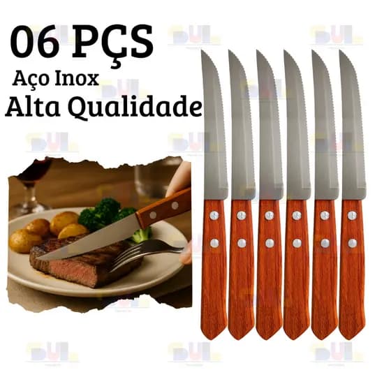 Kit 6 Faca de Cozinha Aço Inox Cabo Madeira Serrilhada Cozinha Comida Talher