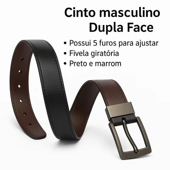 Cinta Masculino Dupla Face Preto e Marrom Fivela Giratória 5 Furos Ajustável 110cm 120cm 130cm