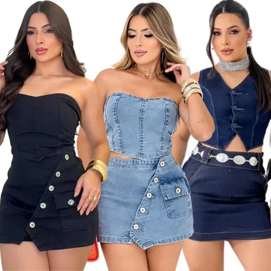 Conjunto Feminino Jeans Cropped e Shorts Com Elastano Lycra Strech Modinha Balada