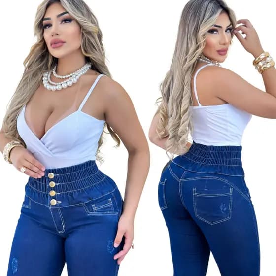 Calça Jeans Feminina Modeladora Lipo Empina Bumbum Cintura Alta Com Elástico E Botão