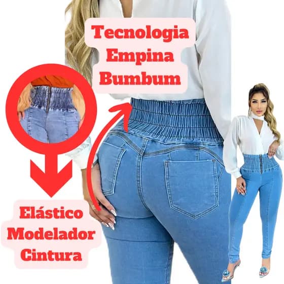 Calça Jeans Lipo Modeladora Cós Alto Empina Bumbum Strech Chapa Barriga