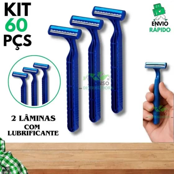 Kit 60 Barbeador Aparelho de Barbear Masculino e Feminino Descartável c/ 2 Lâminas e Lubrificante