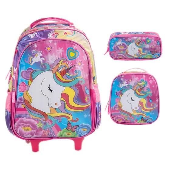 Mochila Infantil Kit Escolar Mochila + Lancheira Térmica + Estojo Duplo Mochila de Carrinho Menina