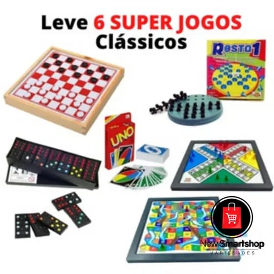 Kit 6x1 Super Jogos Clássicos Para Família Dama, Dominó, Resta 1, Uno, Ludo Criança Infantil Passatempo Diversão