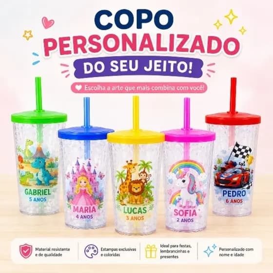 Copo Incolor 550ml Com Tampa e Canudo - Desenho Infantil Colorido Aniversário Festa Brindes