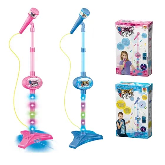 Microfone Infantil Brinquedo com Pedestal e Luz Conecta Toca MP3 Celular DM Toys Azul / Rosa