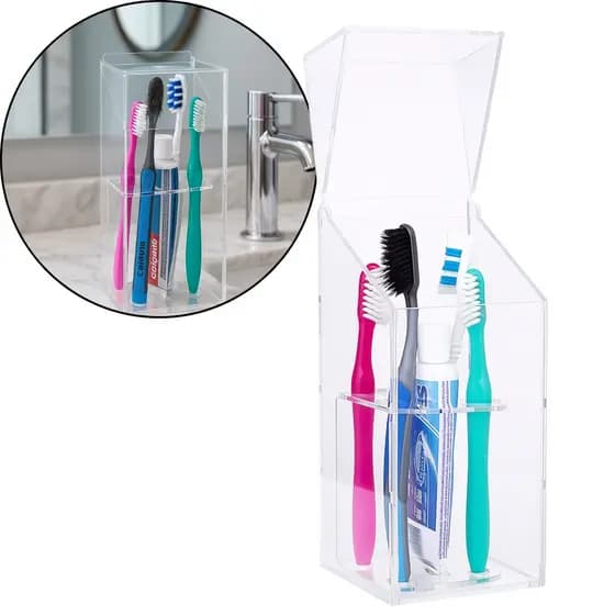 Porta Suporte Escova Dentes Com Tampa Acrílico Cristal Incolor Banheiro Decoração Bancada