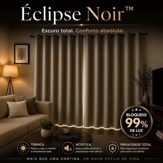 Cortina Blackout 280x180cm Bege Tecido Acústico Bloqueio 99% Luz Com Alças Quarto Sala Éclipse Noir