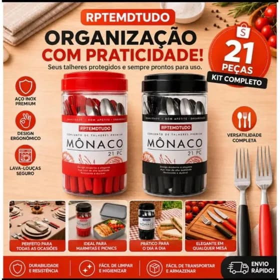 Kit Talheres Mônaco 21 Peças Conjunto Completo Preto Vermelho Design Elegante Resistente