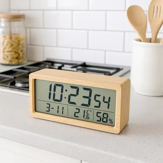 Relógio de Mesa Digital em Bambu – Hora, Data, Temperatura e Umidade