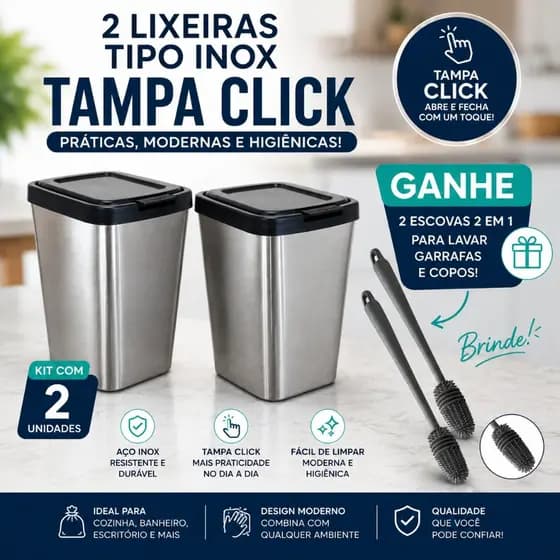 Kit 1 ou 2 Lixeiras 9L Tipo Inox Tampa Click + Escova 2 Em 1 Brinde Cozinha Banheiro Lavabo