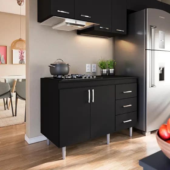 Balcão de Cozinha 1,20m Para Cooktop 5 Bocas 2 Portas E 3 Gavetas Turim Preto Lojas Movelove
