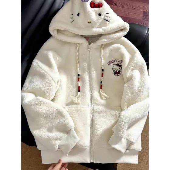 Jaqueta Doce E Fofa Com Capuz Hello Kitty Para Mulheres – Novo Estilo Outono/Inverno Casaco De Algodão Cardigã Solto Mod