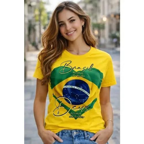 blusa Feminina Camiseta Brasil Acima De Tudo, camisa Deus Acima De Todos