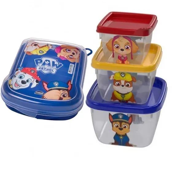 Kit Patrulha Canina Conjunto 3 Potes e Sanduicheira infantil escolar Plasútil lanche escola