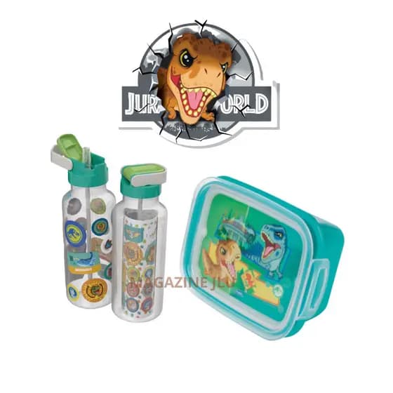 Kit 2 pcs Jurassic Baby Dinossauro Garrafa Automática c/ Canudo Marmita Escolar Lanche